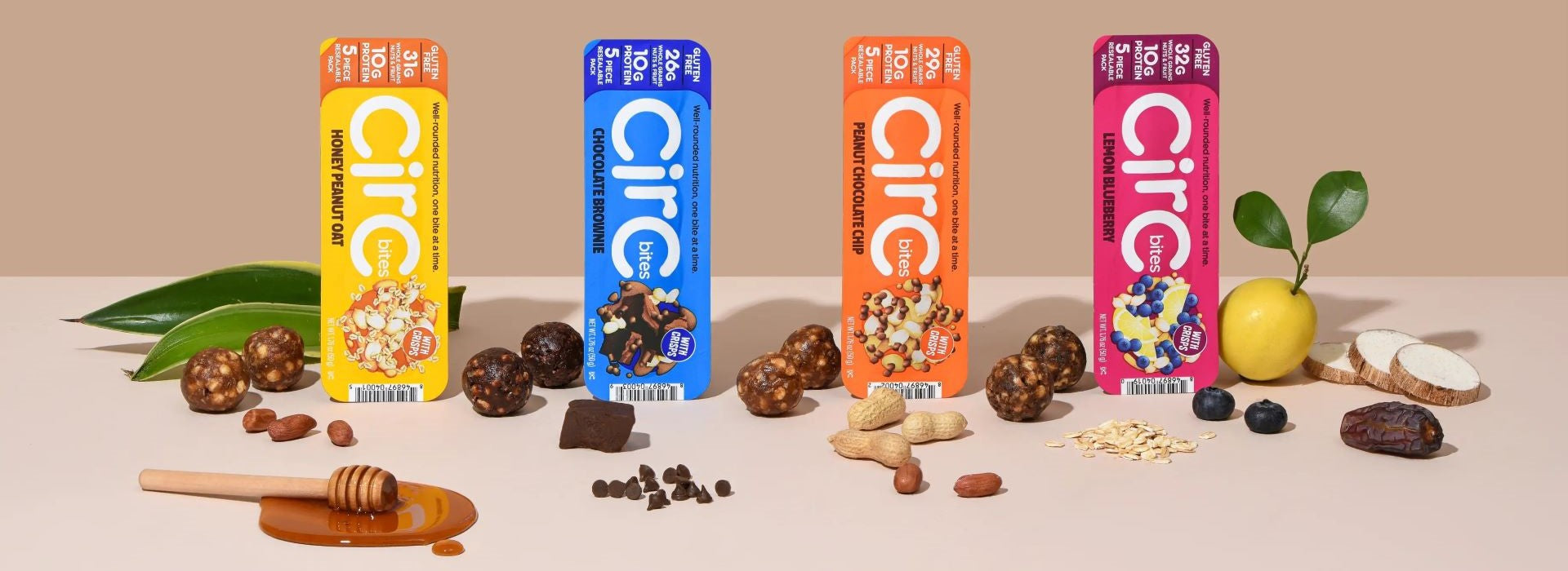 Four flavors of CirC bites with their wholesome ingredients, dates, peanuts, oats and agave