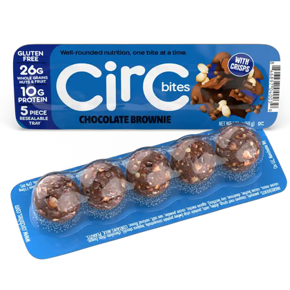 Chocolate BrownieCirC energy bite, displaying transparent resalable tray.