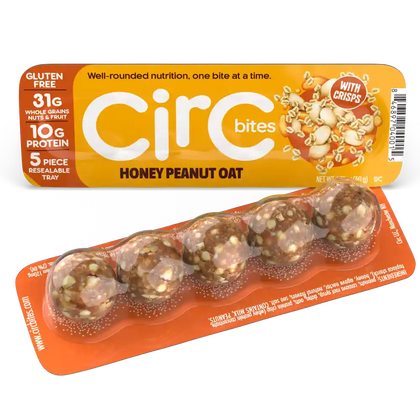 Honey Peanut OatCirC energy bite, displaying transparent resalable tray.