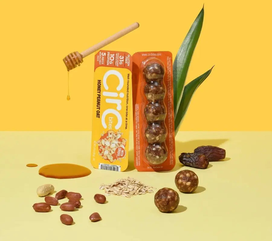 The natural ingredients, honey, dates, oats and peanuts found in Honey Peanut Oat CirC Bites. 