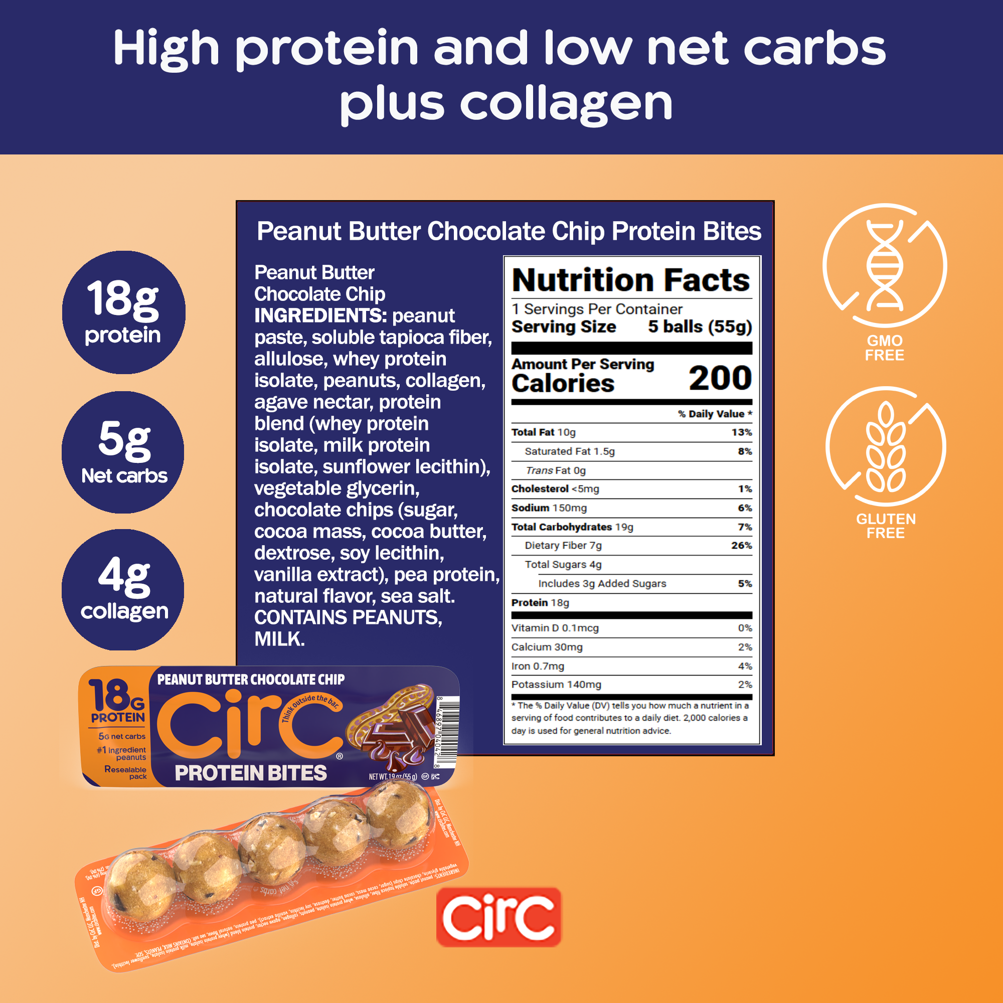 Peanut Butter & Chocolate Chip Protein Bites (18G)